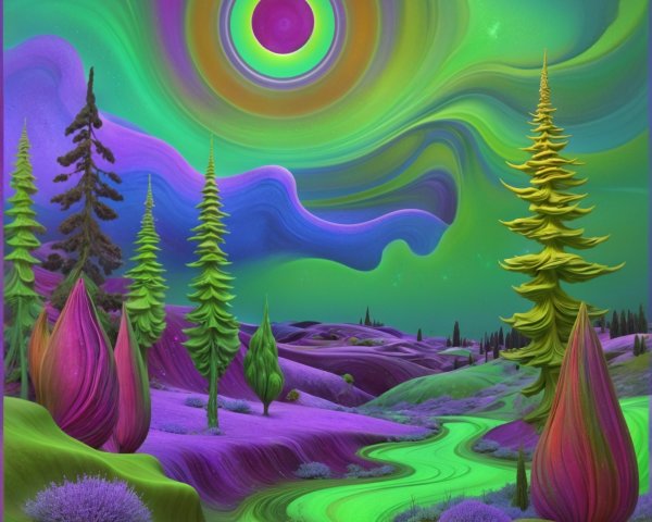 Surreal Landscape with Vibrant Colors and Trees