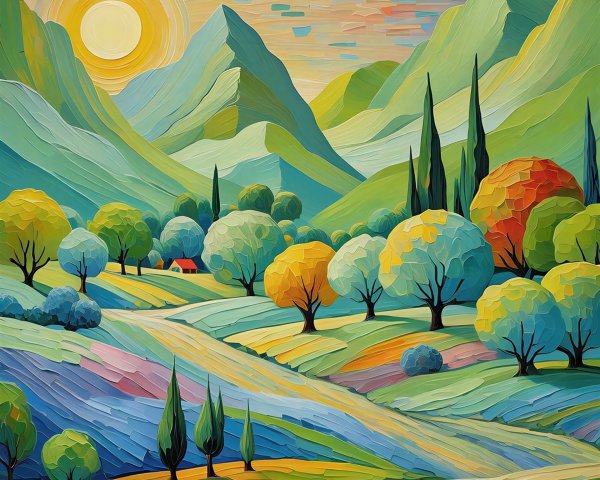 Impressionistic Landscape with Bright Sun and Hills