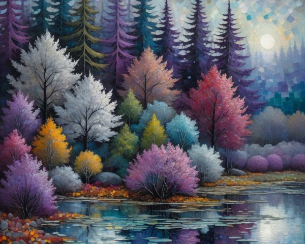 Vibrant Abstract Forest Scene with Tranquil River