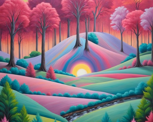 Whimsical Landscape with Vibrant Colors and Trees