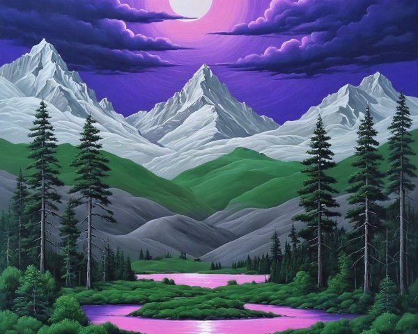 Vibrant Twilight Mountain Landscape with Full Moon