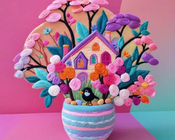 Embroidered Art of Whimsical House and Colorful Flowers