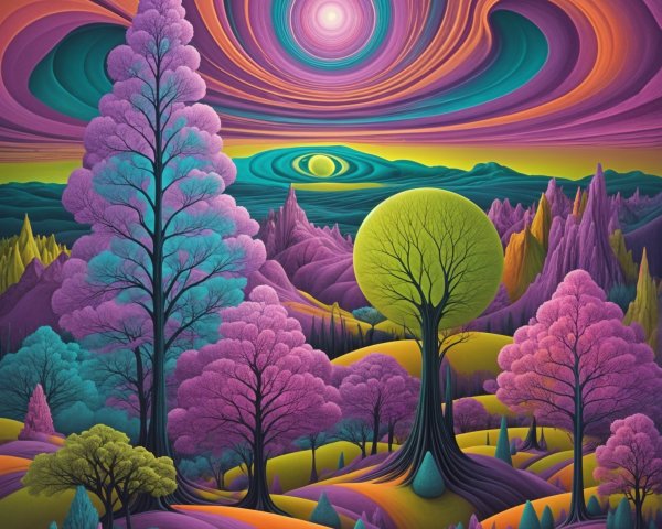 Surreal Landscape with Colorful Trees and Hills