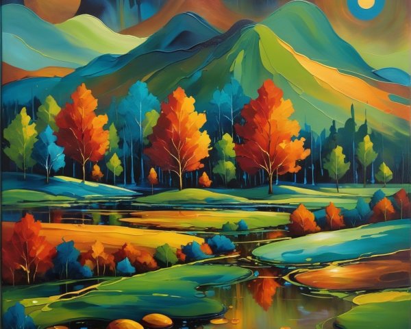 Vibrant Landscape with Mountains and Autumn Pond