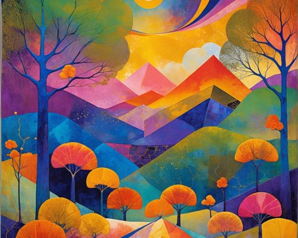Vibrant Landscape with Geometric Mountains and Sunset