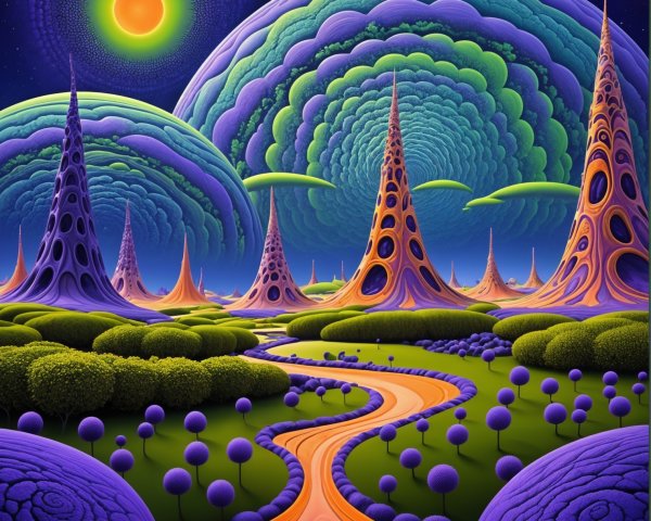 Surreal Vibrant Landscape with Cosmic Elements