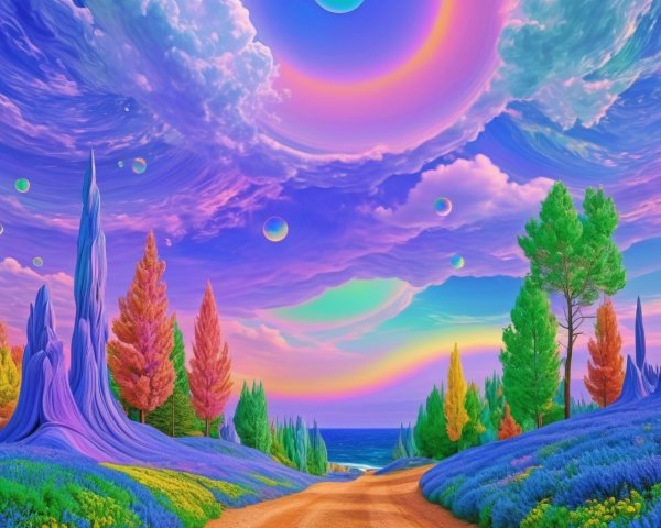 Surreal Landscape with Colorful Trees and Ocean