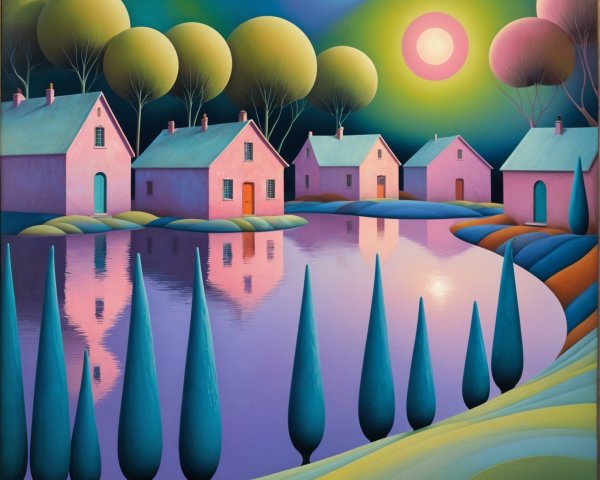 Surreal Landscape with Pastel Houses and Lake Reflection