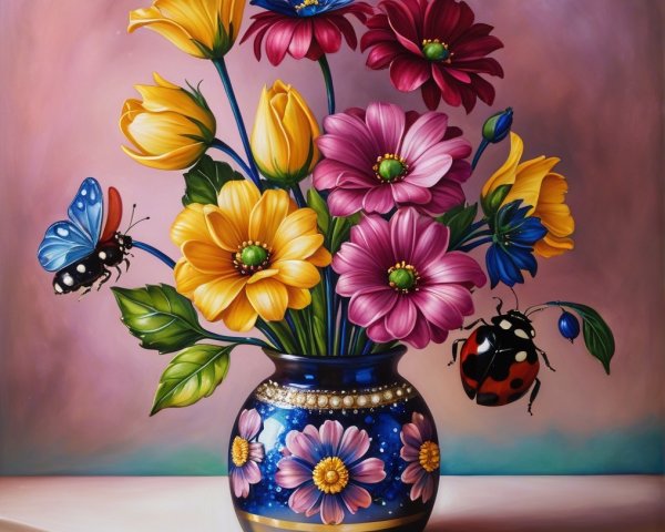 Vibrant Bouquet in Blue Vase with Butterflies and Ladybugs