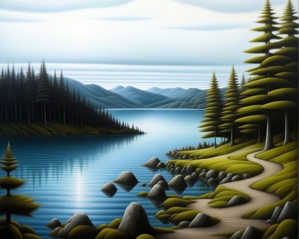 Tranquil Lake Surrounded by Lush Green Hills and Pines