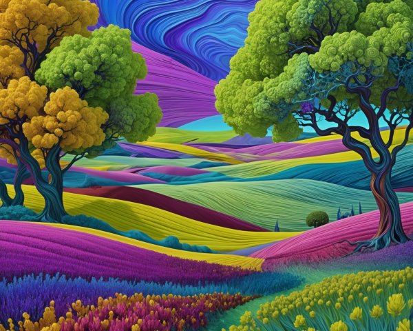 Vibrant Landscape with Colorful Fields and Dreamlike Sky