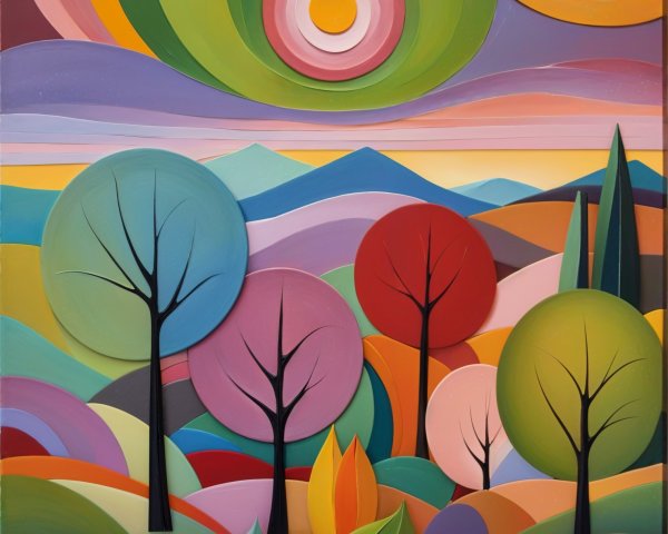Vibrant Stylized Landscape with Colorful Elements