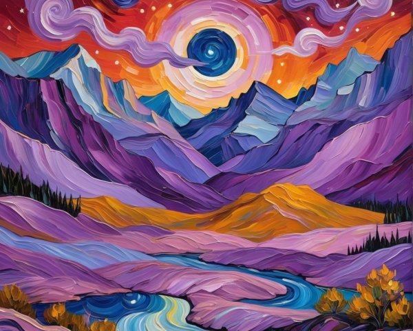 Vibrant Landscape with Mountains and Colorful Sky