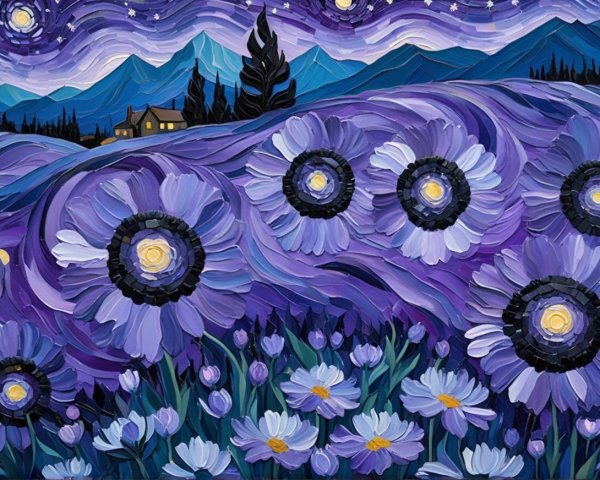 Vibrant Landscape with Purple Flowers and Starry Sky