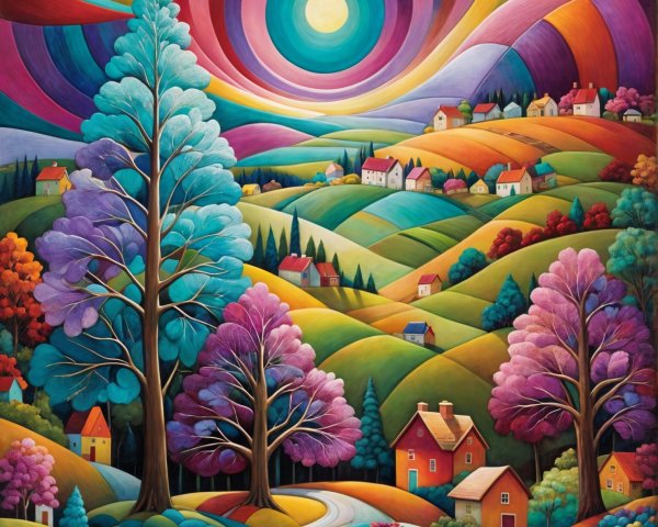 Vibrant Landscape with Colorful Houses and Trees