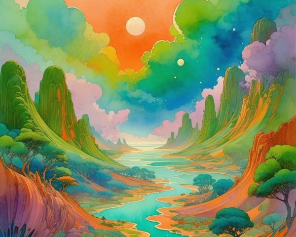 Surreal Landscape with Colorful Mountains and River