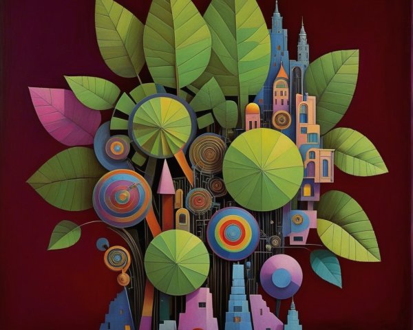 Vibrant Abstract Composition with Geometric Trees and Shapes