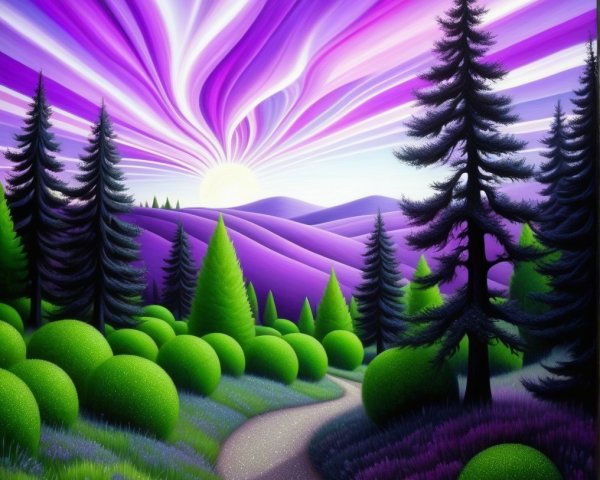Vibrant Landscape with Purple Hills and Sunset Glow