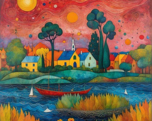 Vibrant Village Landscape with Celestial Sky and Water