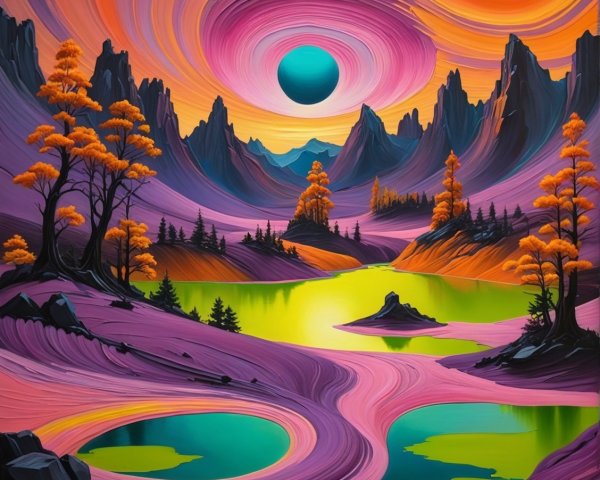 Surreal Landscape with Vibrant Colors and Mountains