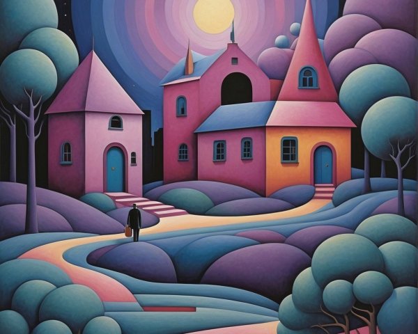 Whimsical Landscape with Colorful Houses and Moonlight