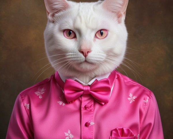 Elegant White Persian Cat in Pink Satin Attire