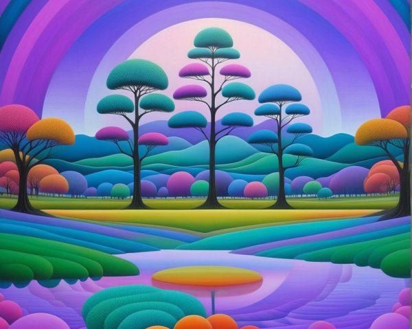 Surreal Landscape with Colorful Trees and Hills