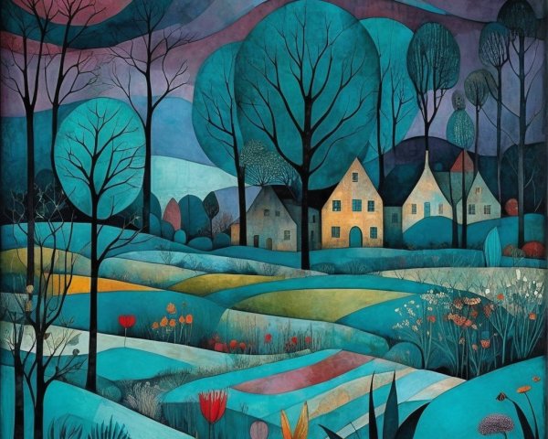 Serene Abstract Landscape with Vibrant Colors and Moon