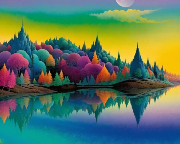 Vibrant Landscape with Colorful Trees and Moonlight