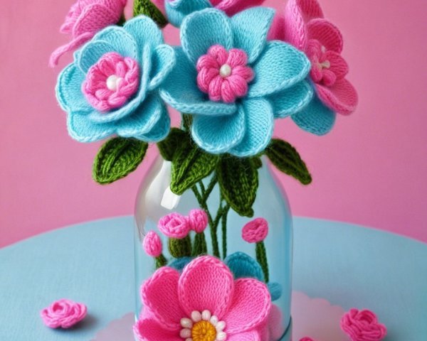 Hand-knit flower bouquet in glass jar with details