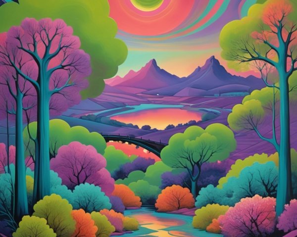 Vibrant Landscape with Colorful Trees and Mountains