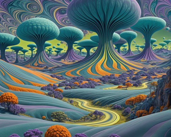 Surreal Landscape with Mushroom Trees and Dreamlike Sky