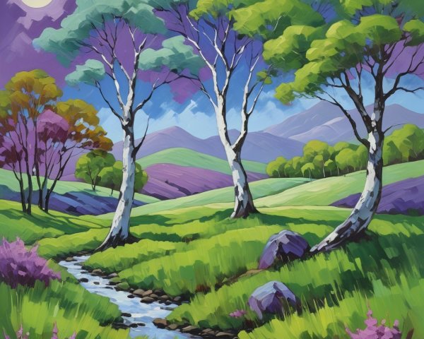 Vibrant Landscape with Trees, Stream, and Moonlit Sky