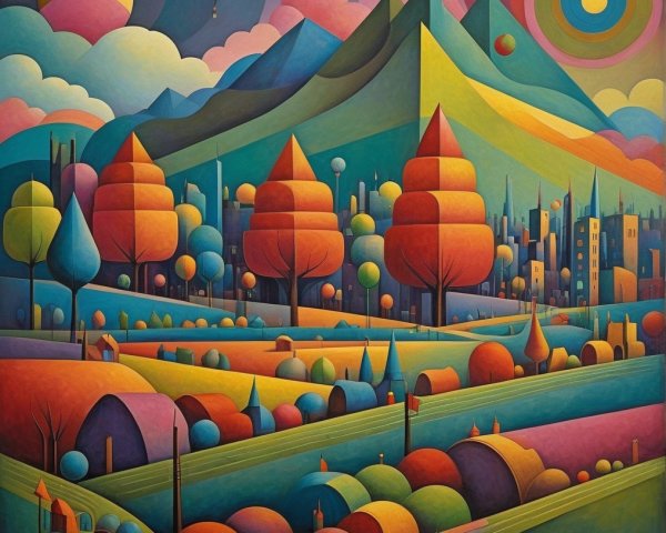 Surreal Landscape with Geometric Mountains and Colorful Trees