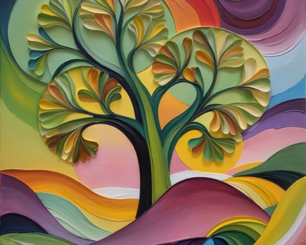 Vibrant Abstract Landscape with Stylized Tree Design