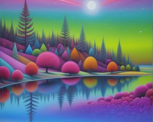 Vibrant Landscape with Serene Lake and Starry Sky