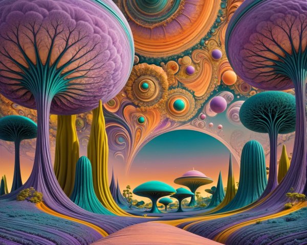 Surreal Landscape with Vibrant Trees and Celestial Bodies