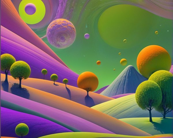 Surreal Landscape with Vivid Striped Hills and Cosmic Sky