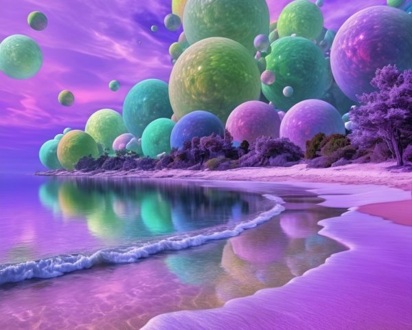 Surreal Beach Landscape with Vibrant Colors and Spheres