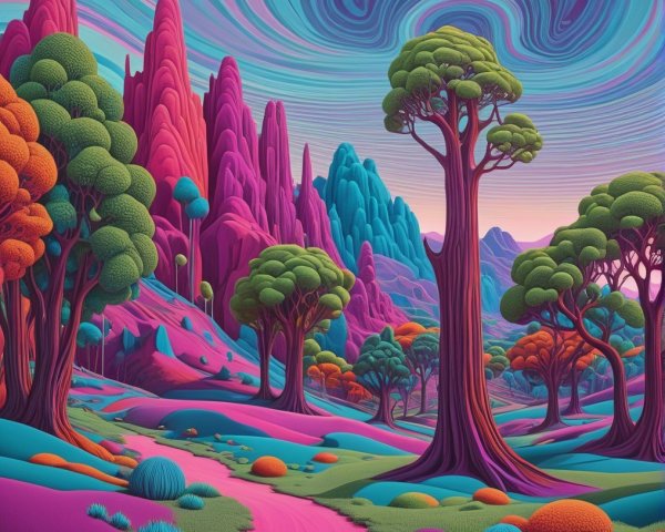 Surreal Landscape with Colorful Mountains and Trees