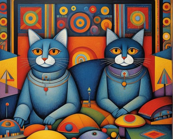 Stylized Cats in Space-Themed Outfits with Geometric Background