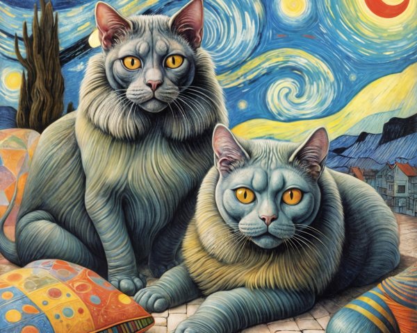 Stylized cats on textured surface with night sky backdrop