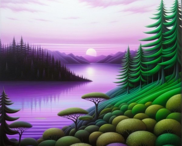Tranquil Lake Landscape with Vibrant Hills and Sunset