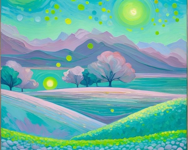 Vibrant landscape with hills, flowers, and mountains