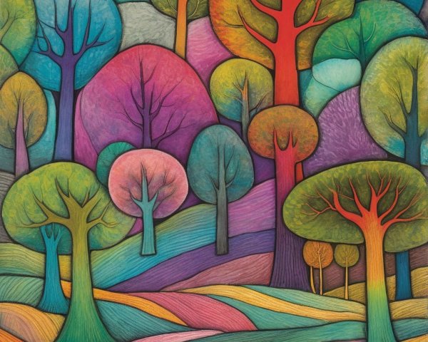 Vibrant Stylized Landscape with Colorful Trees