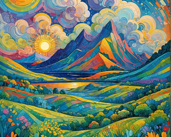 Vibrant Landscape with Rolling Hills and Majestic Mountains