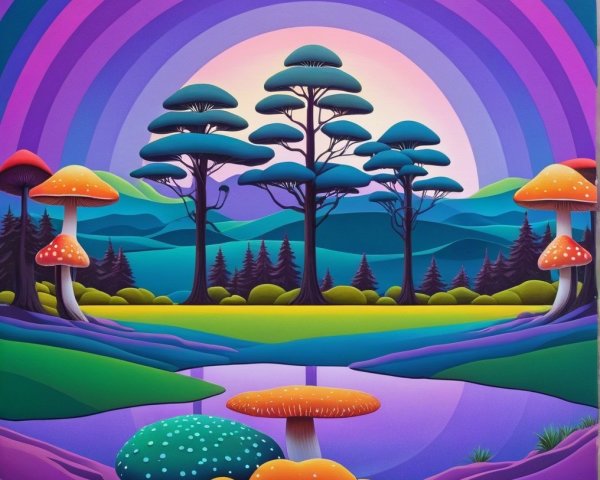 Surreal Landscape with Colorful Mushrooms and Trees