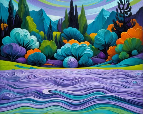 Abstract Landscape with Vibrant Colors and Plants