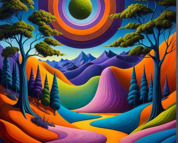 Surreal Landscape with Vivid Colors and Celestial Orb