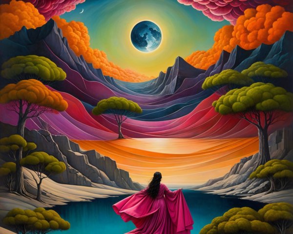 Surreal Landscape with Woman by Tranquil Lake